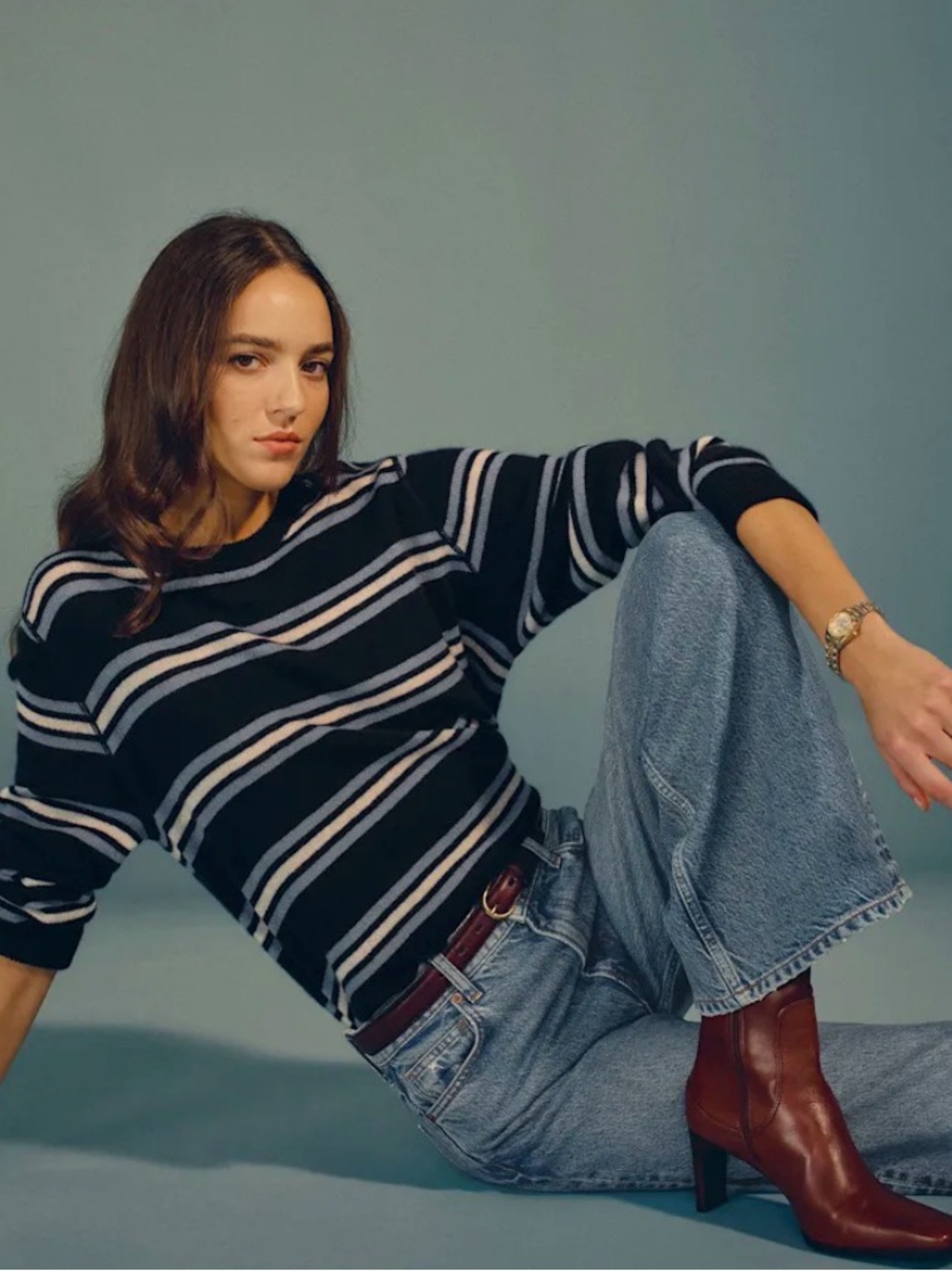 Reformation Cashmere Boyfriend Sweater- Striped Crewneck with White Stripes